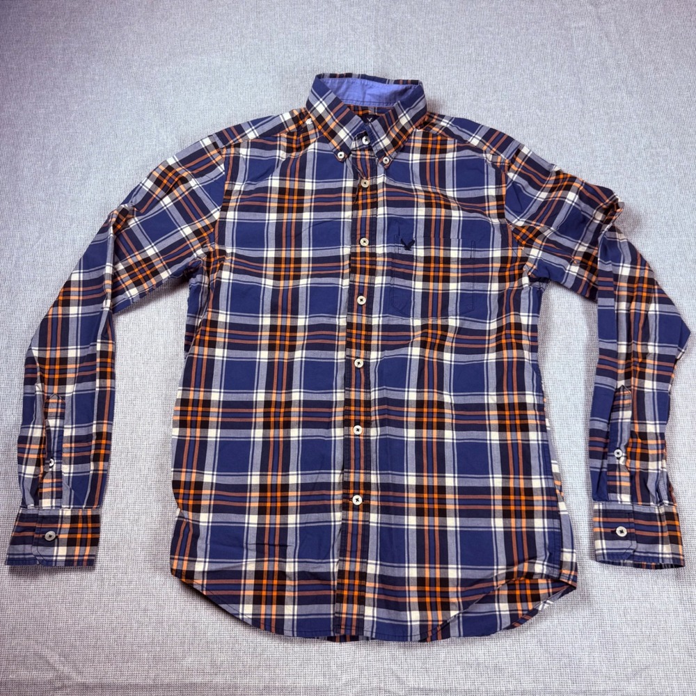 American Eagle Mens Small Classic Fit Plaid‎ Button Down Shirt Navy Blue Orange